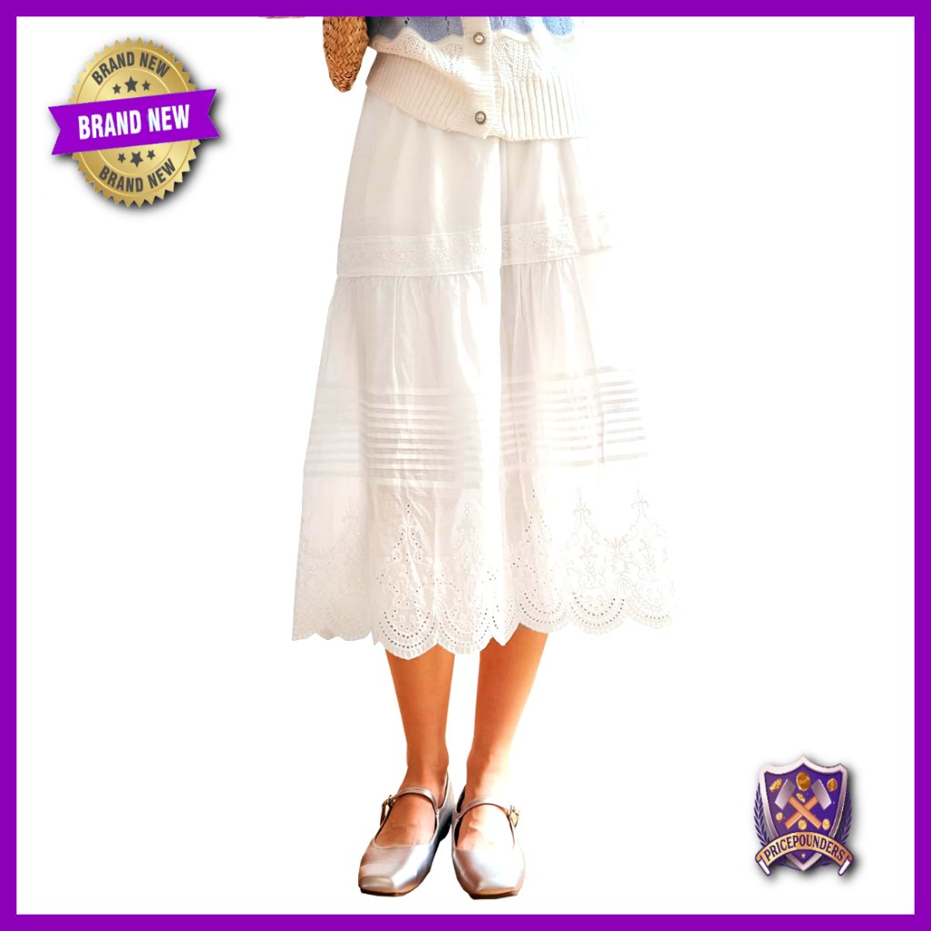 Cotton Bohemian Midi Skirt, Elastic High Waist, Eyelet Lace Embroidered Summer